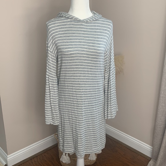 Gray White Striped Jersey-Knit Dress with Hood - Picture 2 of 9